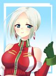  1girl bare_shoulders blue_background blue_eyes breasts earrings elbow_gloves gloves grey_hair innes_lorenz jewelry lowres short_hair smile tales_of_(series) tales_of_hearts 
