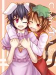  animal_ears black_hair blush brown_hair bunny_ears carrot cat_ears cat_tail character_name chen hair_ornament hands_together hat hug hug_from_behind inaba_tewi multiple_girls multiple_tails one_eye_closed open_mouth puffy_sleeves red_eyes short_sleeves smile sweatdrop tail tanakara touhou 