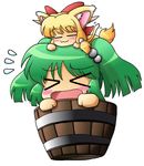  &gt;_&lt; :3 animal_ears bad_id bad_pixiv_id blonde_hair blush bow bucket cat_ears cat_tail closed_eyes flying_sweatdrops green_hair hair_bobbles hair_bow hair_ornament horns ibuki_suika in_bucket in_container kisume long_hair multiple_girls pic2_toshi short_hair tail touhou twintails white_background wooden_bucket 