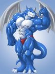  abs biceps big_muscles blue_eyes blue_skin bulge digimon dragon echin exveemon flexing male muscles nipples pecs pose scales solo thong topless underwear wings xbuimonsama 