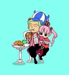  1boy 1girl animal_ears bandage bear_ears black_pants blue_background boots chair crown eating green_hair hat kumacy kuraigana_island on_lap one_piece pants perona pink_hair red_shoes roronoa_zoro shirt shoes short_cape simple_background sitting skirt striped striped_hat striped_legwear striped_shirt table twintails 