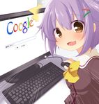  1girl bad_id bad_pixiv_id blush brand_name_imitation brown_eyes caught computer emphasis_lines google grey_hair hair_ornament hairclip idolmaster idolmaster_cinderella_girls keyboard_(computer) koshimizu_sachiko monitor mouse_(computer) open_mouth ringo_yuyu short_hair smile solo sweatdrop translated 