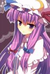  :t aro capelet crescent hair_ribbon hat long_hair patchouli_knowledge pout purple_eyes purple_hair ribbon solo touhou upper_body 