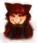  animal_ears braid cat_ears chin_rest freckles kaenbyou_rin light_smile long_hair manasseh red_eyes red_hair ribbon solo touhou twin_braids 