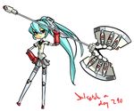  :&gt; android aqua_hair axe battle_axe chibi eu03 hand_on_hip huge_weapon labrys long_hair persona persona_4:_the_ultimate_in_mayonaka_arena pleated_skirt ponytail robot_joints school_uniform serafuku skirt solo very_long_hair weapon 