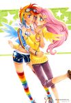  dark-persian fluttershy goggles hair_ornament hairpin long_hair midriff multicolored multicolored_clothes multicolored_hair multicolored_legwear multiple_girls my_little_pony my_little_pony_friendship_is_magic pink_hair rainbow_dash scarf short_hair shorts simple_background traditional_media 