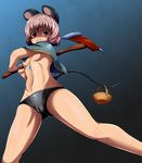  2radpersec animal_ears axe basket breasts buruma cameltoe capelet commentary from_below gradient gradient_background highres holding jewelry legs long_legs mouse_ears mouse_tail nazrin necklace red_eyes shaded_face short_hair silver_hair small_breasts solo tail tail_hold thighs topless touhou underwear underwear_only weapon yandere 