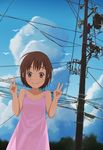  :3 bad_id bad_pixiv_id bare_shoulders bird brown_eyes brown_hair cloud day double_v dress highres looking_at_viewer original pink_dress power_lines sky smile solo telephone_pole transformer v willgoon 