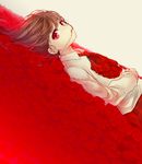  bed_of_roses brown_hair dutch_angle flower flower_bed hair_in_mouth ib ib_(ib) kl long_hair looking_at_viewer lying mouth_hold red red_eyes red_flower red_rose rose solo 