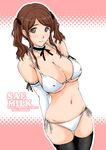  amagami bikini breasts brown_eyes brown_hair cleavage covered_nipples elbow_gloves gloves halterneck ishihara_souka large_breasts nakata_sae ribbon side-tie_bikini solo swimsuit text_focus twintails underboob white_bikini 