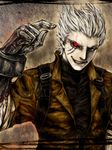  ashira_6400 bad_id bad_pixiv_id cyborg durga_(max_anarchy) glowing glowing_eyes grin jacket male_focus max_anarchy prosthesis smile solo turtleneck white_hair 