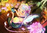  1boy 1girl black_legwear blush butterfly_hair_ornament fairy_wings flower hair_ornament looking_at_viewer looking_up muruaka open_mouth original petals short_hair sitting sparkle thighhighs wariza watering_can wings 