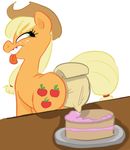  biting_lip blonde_hair butt cake cowboy_hat cream cutie_mark equine female feral food freckles friendship_is_magic frosting fur green_eyes hair hat horse long_hair mammal my_little_pony orange_fur plain_background pony smile solo tongue tongue_out 