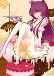  absurdres animal_ears blush breastless_clothes cake cat_ears dress elbow_gloves food gloves go_sai_(475789336) hair_censor highres kemonomimi_mode long_hair open_mouth orange_eyes original panties pantyshot pantyshot_(sitting) personification purple_hair sitting solo thighhighs underwear white_legwear 