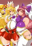  2girls animal_ears bare_shoulders blonde_hair breast_press breasts curvy eyes_closed female fox_ears fox_tail fusehime_maaya hair_ribbon highres huge_breasts izuna_(shinrabanshou) japanese_clothes long_hair multiple_girls multiple_tails panties pink_hair red_eyes ribbon shinrabanshou simple_background skirt smile standing string_panties symmetrical_docking tail thighhighs thighs u-ma underwear yuumano_yuuki 