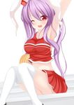  ;d animal_ears arm_up armpits bad_id bad_pixiv_id blush breasts bunny_ears cheerleader chimunge highres impossible_clothes impossible_shirt kneehighs large_breasts midriff one_eye_closed open_mouth pom_poms purple_hair red_eyes reisen_udongein_inaba shirt sitting skirt smile solo thighhighs touhou white_legwear 