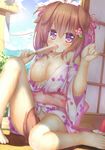  animal_ears areolae bad_id bad_pixiv_id barefoot between_legs blue_sky blush breasts brown_hair cleavage day dog_ears dog_tail food fruit hair_ornament hairclip highres japanese_clothes kimono large_breasts lens_flare looking_at_viewer no_bra no_panties obi off_shoulder original popsicle purple_eyes sash sitting sky solo sweat tail tail_between_legs tatami wataru_(zazazazazazawa) watermelon wind_chime yukata 