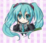  aqua_eyes aqua_hair bad_id bad_pixiv_id checkered checkered_background detached_sleeves hatsune_miku headset highres kyouka_(kyokafactory) long_hair looking_up necktie skirt smile solo spring_onion twintails very_long_hair vocaloid 