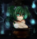  breasts bucket cleavage collarbone green_eyes green_hair hair_bobbles hair_in_mouth hair_ornament in_bucket in_container kisume medium_breasts nude open_mouth short_hair solo touhou twintails wooden_bucket yamii 