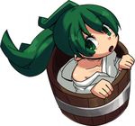  bucket collarbone green_eyes green_hair in_bucket in_container kisume long_sleeves lowres messier_number off_shoulder open_mouth short_hair solo touhou twintails white_background wooden_bucket 
