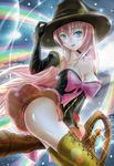  bare_shoulders blue_eyes boots breasts commentary_request elbow_gloves gloves hat headset highres hoshikuzu_utopia_(vocaloid) jewelry large_breasts lens_flare long_hair megurine_luka mura_chidori pendant pink_hair project_diva_(series) project_diva_2nd rainbow solo thigh_boots thighhighs vocaloid witch_hat yellow_legwear 