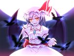  alternate_eye_color animal ascot bat bat_wings blue_hair blush collarbone fang full_moon hat hat_ribbon jewelry looking_at_viewer moon nakajou open_mouth puffy_sleeves remilia_scarlet ribbon short_hair short_sleeves solo touhou vampire wings wrist_cuffs yellow_eyes 