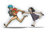  1boy 1girl barefoot black_hair blue_hair child crying dress female franky goggles hand_holding hawaiian_shirt male md5_mismatch newspaper nico_robin nika_(nikasa_an) one_piece open_clothes open_mouth open_shirt running shirt shoes simple_background speedo swim_briefs teeth young younger 