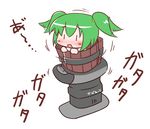  blush bucket green_hair hair_bobbles hair_ornament in_bucket in_container kisume maitora open_mouth riding_machine shaking short_hair solo touhou twintails white_background wooden_bucket |_| 