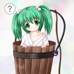  blush breasts bucket cleavage collarbone green_eyes green_hair hair_bobbles hair_ornament in_bucket in_container kisume medium_breasts riku_(rikkuru) rope short_hair smile solo speech_bubble touhou twintails wooden_bucket 