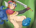  armor blue_eyes blue_hair breast_sucking breasts chunsoft dragon_quest dragon_quest_iii enix forest gloves helmet huge_breasts long_hair nature outdoors ryujya_dou slime soldier_(dq3) warrior wings 