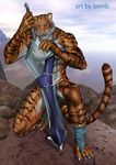  cloud clouds feline keeling kneeling loincloth male mammal mountain muscles rocks solo sword tiger weapon 