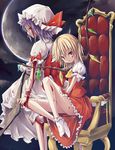  blonde_hair blood blue_hair chair crystal flandre_scarlet frilled_legwear hat hat_ribbon highres karasu_raku looking_at_viewer multiple_girls puffy_sleeves purple_hair red_eyes remilia_scarlet ribbon short_hair short_sleeves siblings side_ponytail sisters sitting socks touhou wings wrist_cuffs 