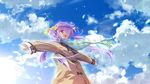  ashishun cloud day glasses hair_ribbon lens_flare one_eye_closed open_mouth original outstretched_arms petals pink_eyes purple_hair red-framed_eyewear ribbon scarf sky solo spread_arms twintails 