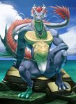  ???? biceps chinese_dragon claws clothed clothing collar dragon fangs fundoshi hair half-dressed horn loincloth looking_at_viewer male muscles necklace pecs pose red_hair rock scales sea sky solo the_wind topless underwear water 
