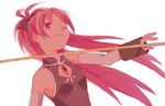  bow detached_sleeves drawr hair_bow long_hair magical_girl mahou_shoujo_madoka_magica one_eye_closed polearm ponytail red_hair sakura_kyouko smirk wato_samirika weapon 