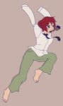  amputee barefoot flat_color green_eyes katawa_shoujo mouth_hold necktie no_arms paintbrush pants red_hair shirt solo tezuka_rin 