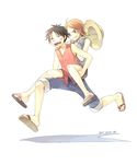  1boy 1girl bat_(coumori) black_hair carry carrying coumori female full_body hat hat_removed headwear_removed male monkey_d_luffy nami nami_(one_piece) one_piece orange_hair piggyback red_vest running sandals scar short_hair shorts stampede_string straw_hat vest 