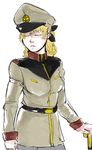  blonde_hair closed_eyes crossover earth_federation gundam hair_ribbon hat katawa_shoujo long_hair military military_uniform mobile_suit_gundam pantyhose peaked_cap ponytail ribbon satou_lilly skrats solo uniform walking_stick 