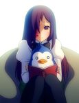  bean_bag_chair bird crossover hair_over_one_eye ikezawa_hanako katawa_shoujo knees_together_feet_apart long_hair mawaru_penguindrum mike_inel pantyhose penguin penguin_3-gou purple_eyes purple_hair reading scar school_uniform sitting sitting_on_lap sitting_on_person smile 