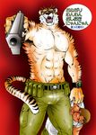  clothing feline gun half-dressed human japanese_text looking_at_viewer male mammal muscles plain_background ranged_weapon scar t-mat text tiger topless translated weapon 
