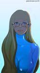  alternate_hairstyle bangs bespectacled blonde_hair blue_eyes blunt_bangs blush bodysuit breasts glasses hipster jaimito large_breasts lips long_hair metroid samus_aran solo watermark zero_suit 