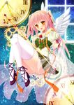  :d bad_id bad_pixiv_id blush clock dress holding lace lace-trimmed_thighhighs legs long_legs minatsuki_alumi open_mouth orange_eyes original pink_eyes roman_numerals short_hair smile solo staff thighhighs thighs twintails white_legwear wings 