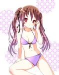  bikini blush breasts brown_hair hair_ribbon himekaidou_hatate imo_(ryokyou) long_hair looking_at_viewer medium_breasts navel purple_bikini red_eyes ribbon solo swimsuit touhou twintails 