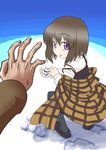  1girl absurdres brown_hair highres kanon misaka_shiori plaid purple_hair r_(rion) raised_eyebrow rock shawl short_hair snow snowball squatting sweatdrop thighhighs 