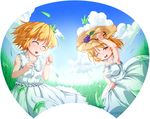  ^_^ aki_minoriko aki_shizuha alternate_costume alternate_headwear armpits blonde_hair closed_eyes cloud collarbone day grass hand_on_headwear hat leaf multiple_girls one_eye_closed orange_eyes siblings sisters sky sleeveless touhou uchiwa_design waribashi-p wind 