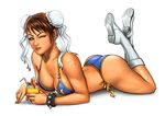  adapted_costume bangs bikini boots breasts brown_eyes brown_hair bun_cover chun-li cleavage cocktail double_bun earrings emilia_paw full_body jewelry large_breasts looking_at_viewer lying on_stomach one_eye_closed side-tie_bikini simple_background solo street_fighter sun_tattoo swept_bangs swimsuit tan the_pose watermark 