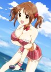  7001 :d bare_shoulders bow breast_lift breasts brown_eyes brown_hair cloud collarbone day hair_bobbles hair_ornament idolmaster idolmaster_cinderella_girls large_breasts leaning_forward microphone open_mouth short_twintails sky smile strap_slip totoki_airi twintails wristband 