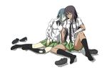  amputee black_hair blue_hair colorfag colorized dark_skin extra head_on_shoulder highres katawa_shoujo knee_brace kneehighs long_hair miura_miki multiple_girls necktie one_eye_closed raide school_uniform shoes_removed sleeping sleeping_upright suzuki_suzu 