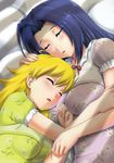  artist_request blonde_hair blue_hair breast_pillow breasts highres hoshii_miki idolmaster idolmaster_(classic) large_breasts miura_azusa multiple_girls open_mouth saliva sleeping 