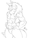  abs anthro biceps bulge canine claws clothed clothing ear_piercing looking_at_viewer male mammal monochrome muscles navel nipples pecs piercing plain_background pose sketch skimpy smile solo speedo swimsuit topless underwear walter_sache white_background wolf 
